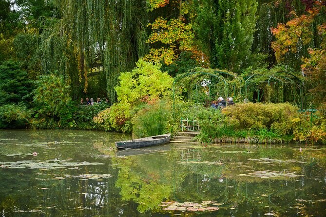A small rowing boat moored among the water lilies